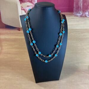 Vintage 90s Talbots Gold Tone Station Necklace w/Faux Turquoise Beads Preloved